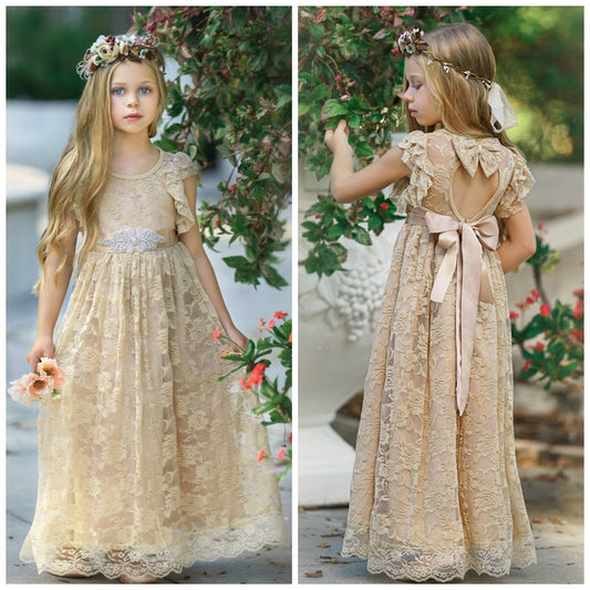 Flower girl dress, lace rustic flower girl dress, Lace flower girls dresses, Champagne lace girls dress, Toddler dress, Baby dress. 84