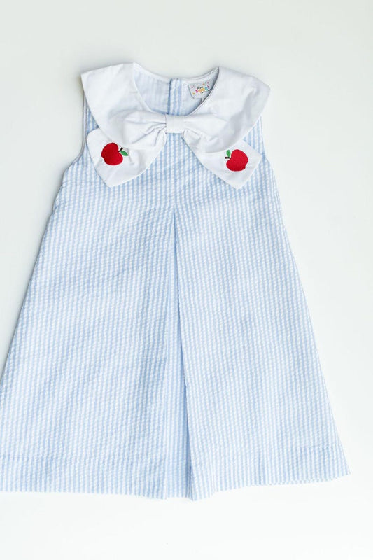 Blue Seersucker Apple Dress, Back To School Blue Seersucker Dress, Apple Appliqué embroidered Dress for girls, First Day of School Outfit